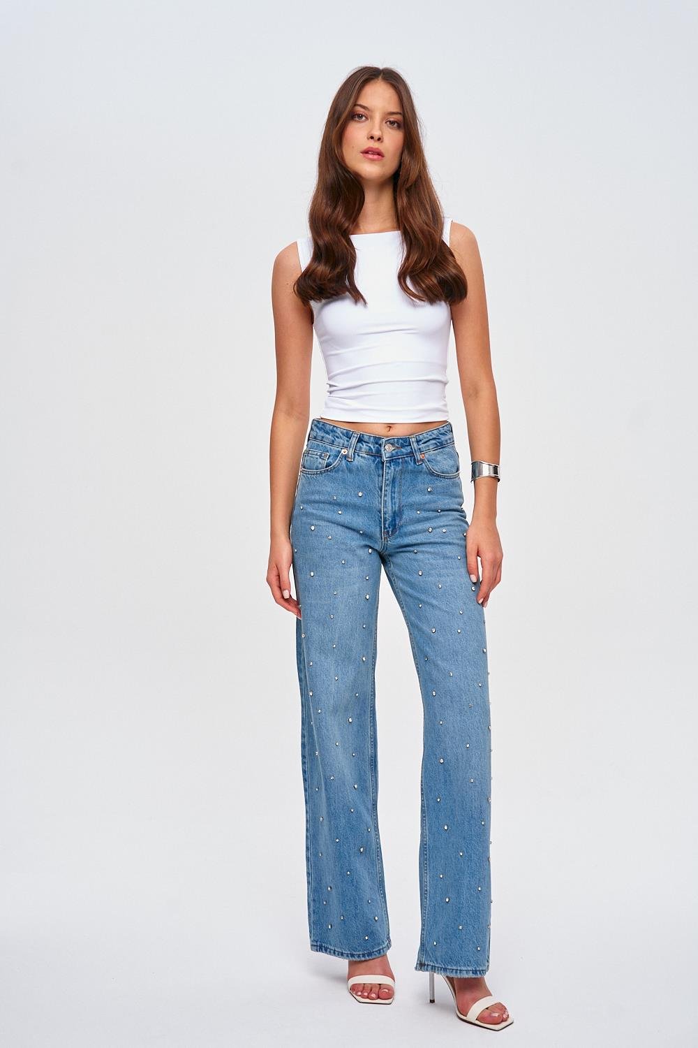 Shiny Stone Detailed Wide Leg Blue Jeans for Women