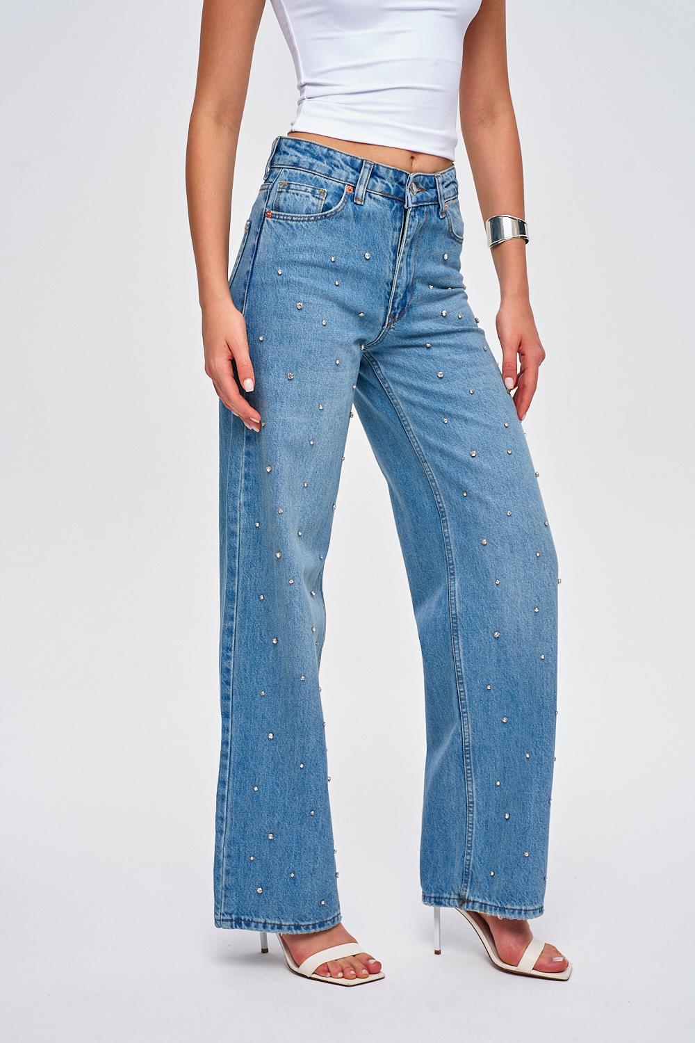 Shiny Stone Detailed Wide Leg Blue Jeans for Women