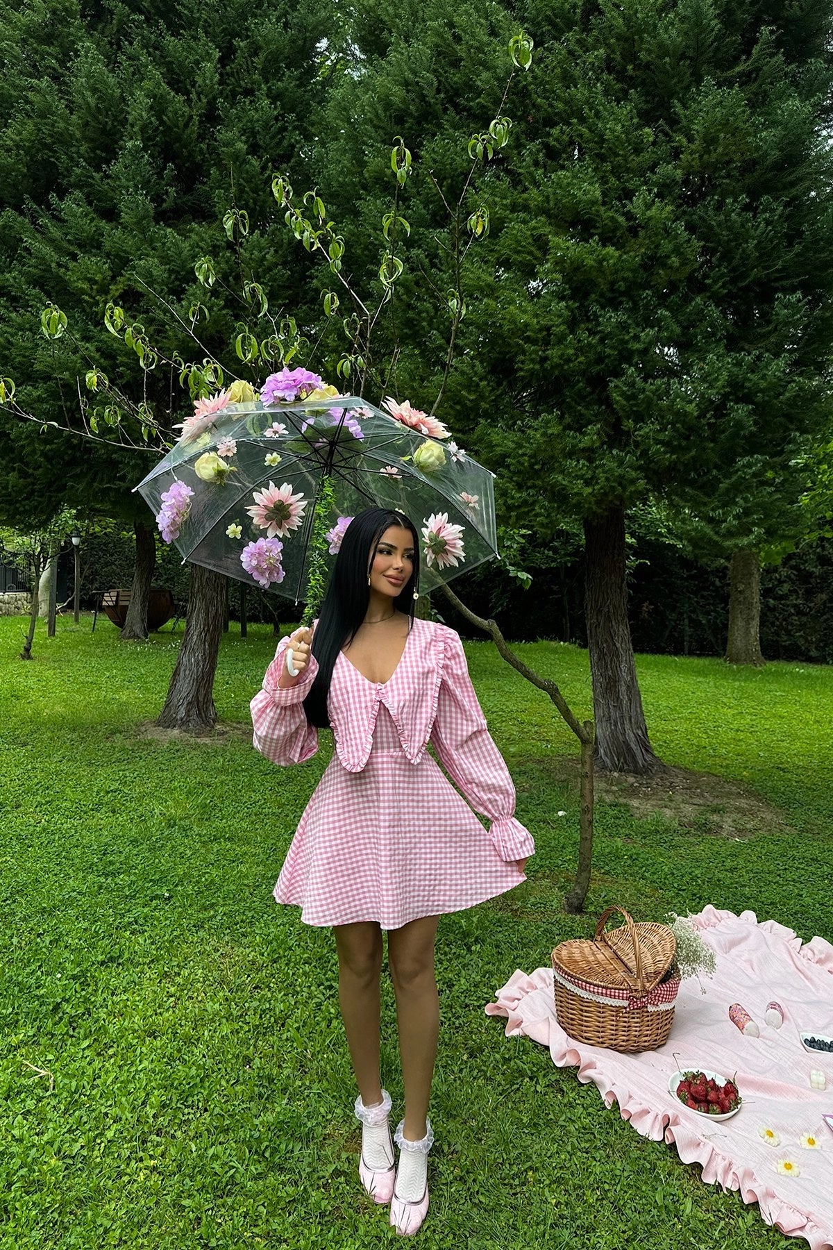 Gingham Patterned Pink Mini Dress