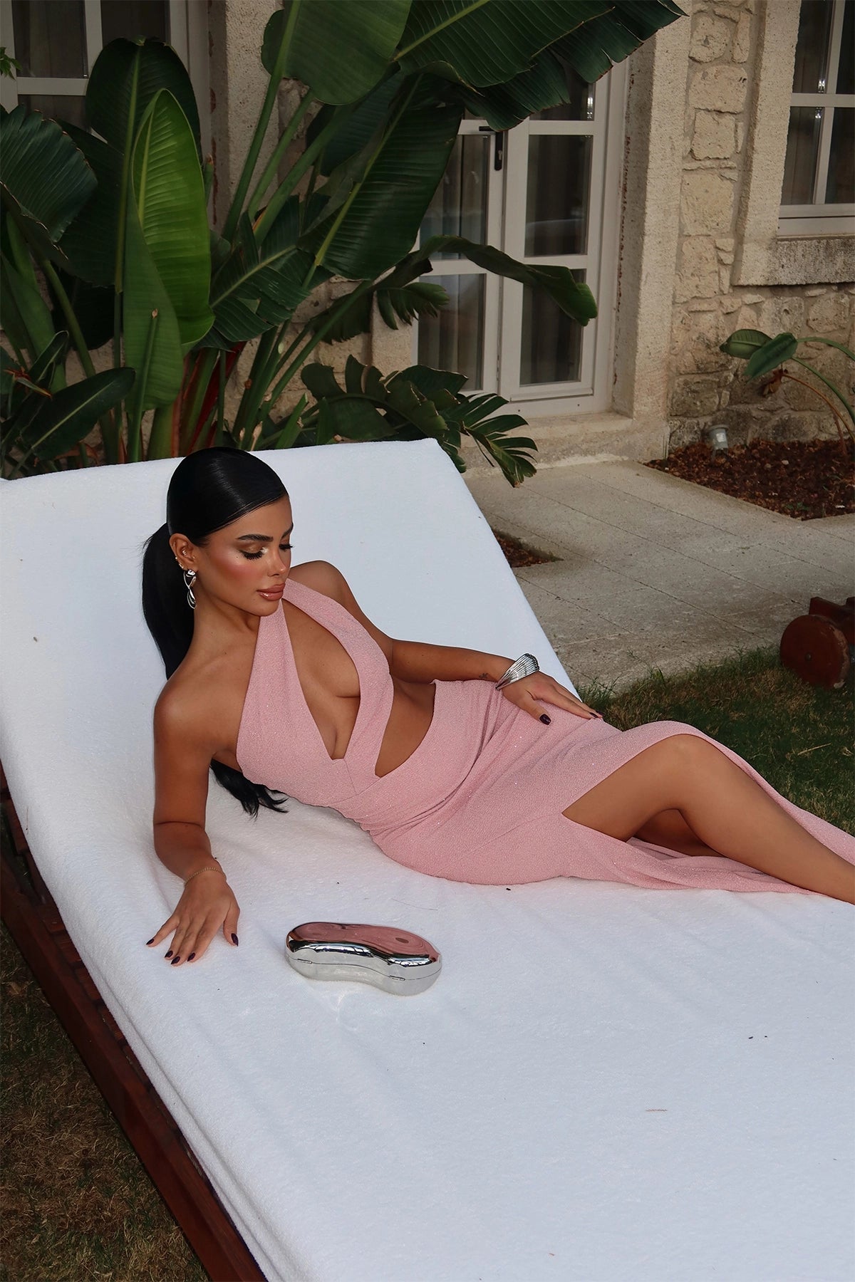 One-Shoulder Cut-Out Detailed Pink Glitter Maxi Dress