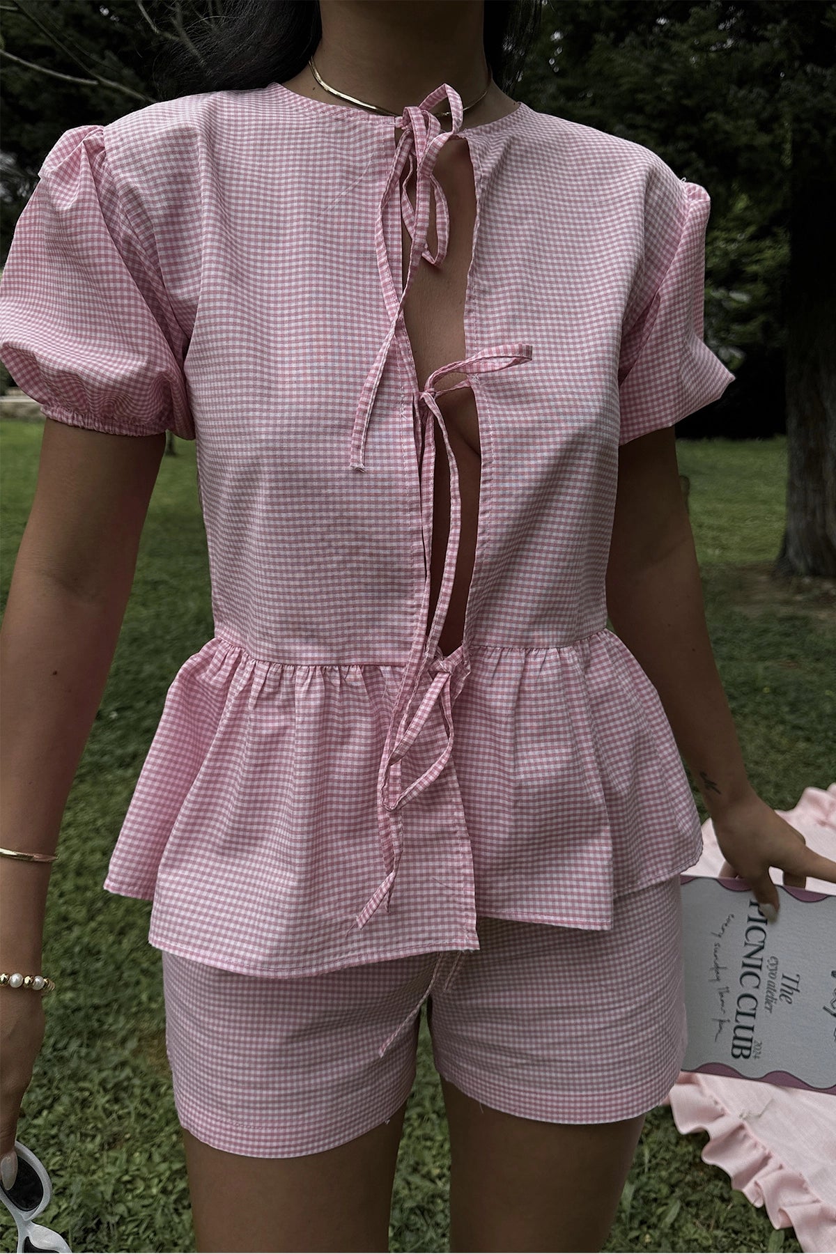 Tied Detail Pink Gingham Double Set