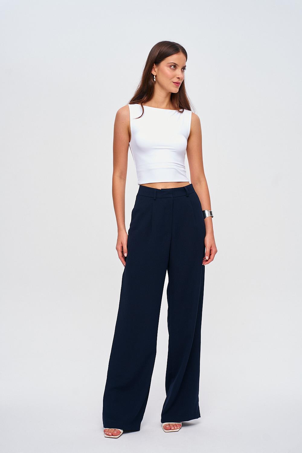 Darted Palazzo Detailed Navy Blue Trousers for Women