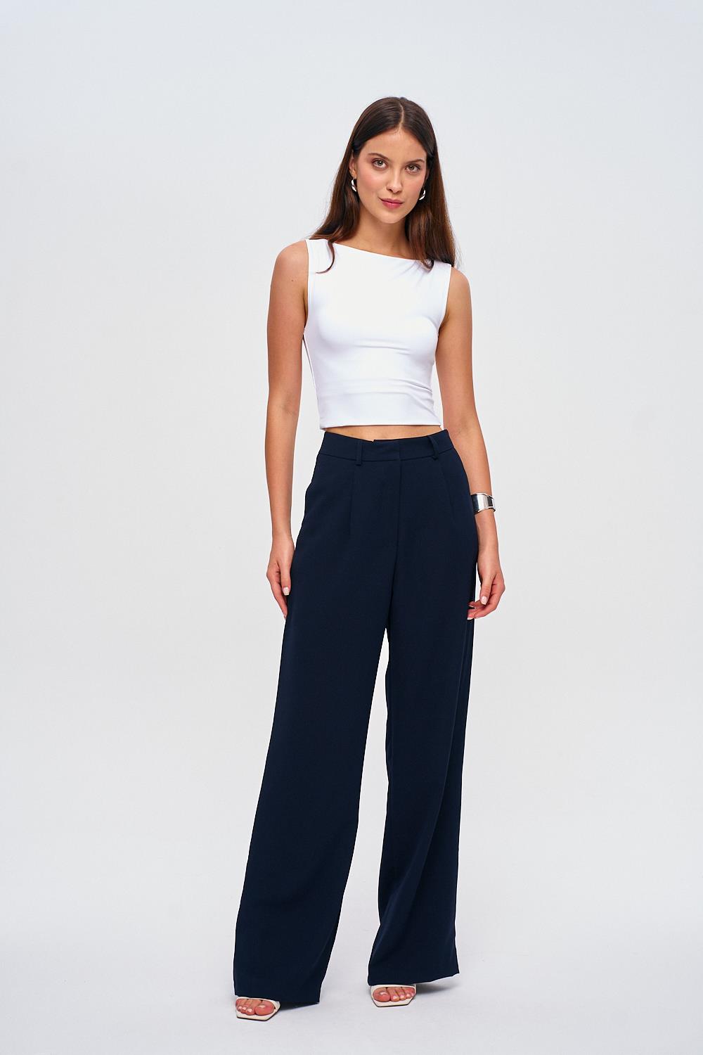 Darted Palazzo Detailed Navy Blue Trousers for Women