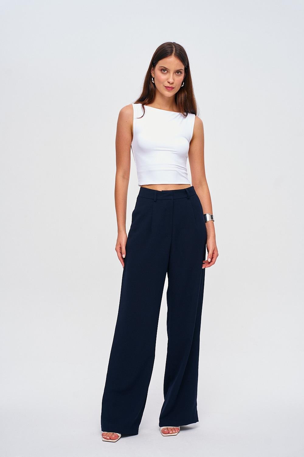 Darted Palazzo Detaillierte Navyblaue Hose für Frauen