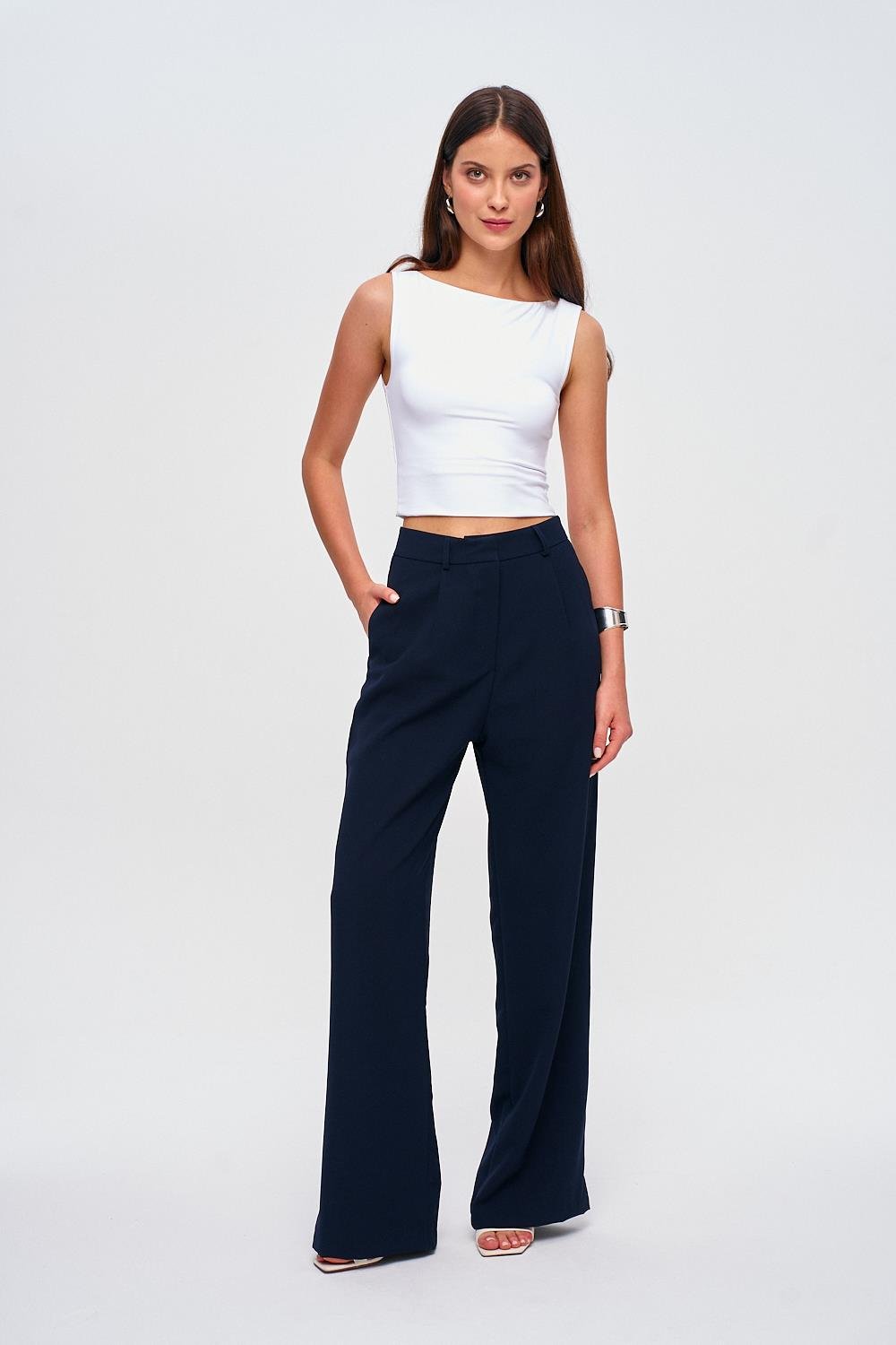 Darted Palazzo Detailed Navy Blue Trousers for Women