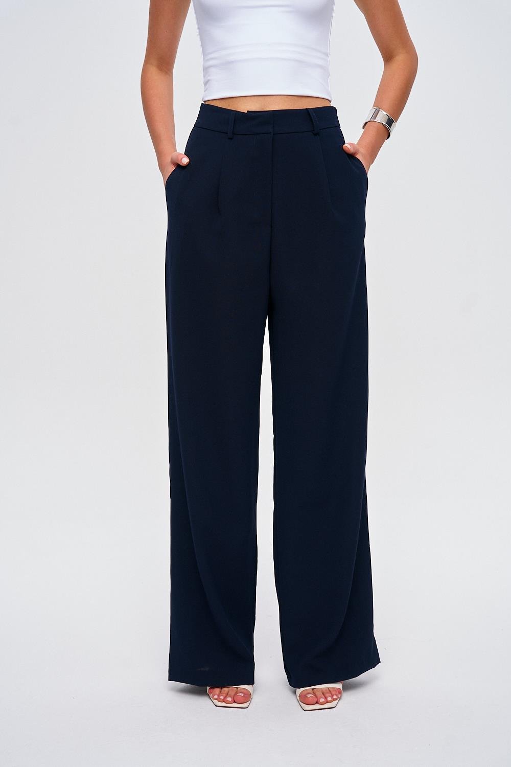 Darted Palazzo Detailed Navy Blue Trousers for Women