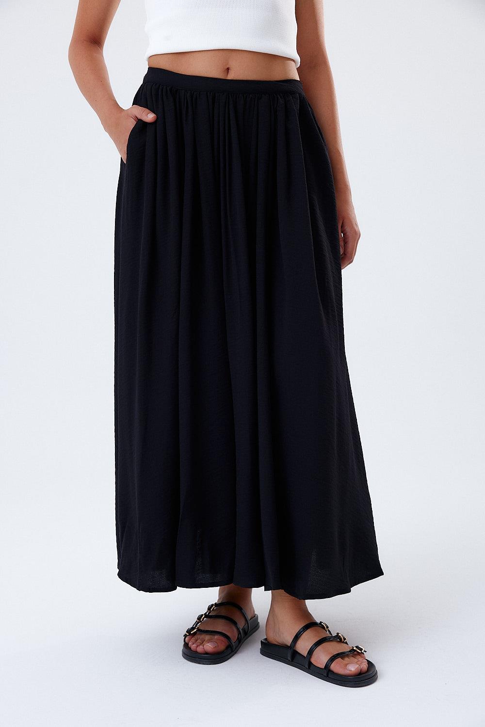 Midi Black Skirt with Pleated Detail