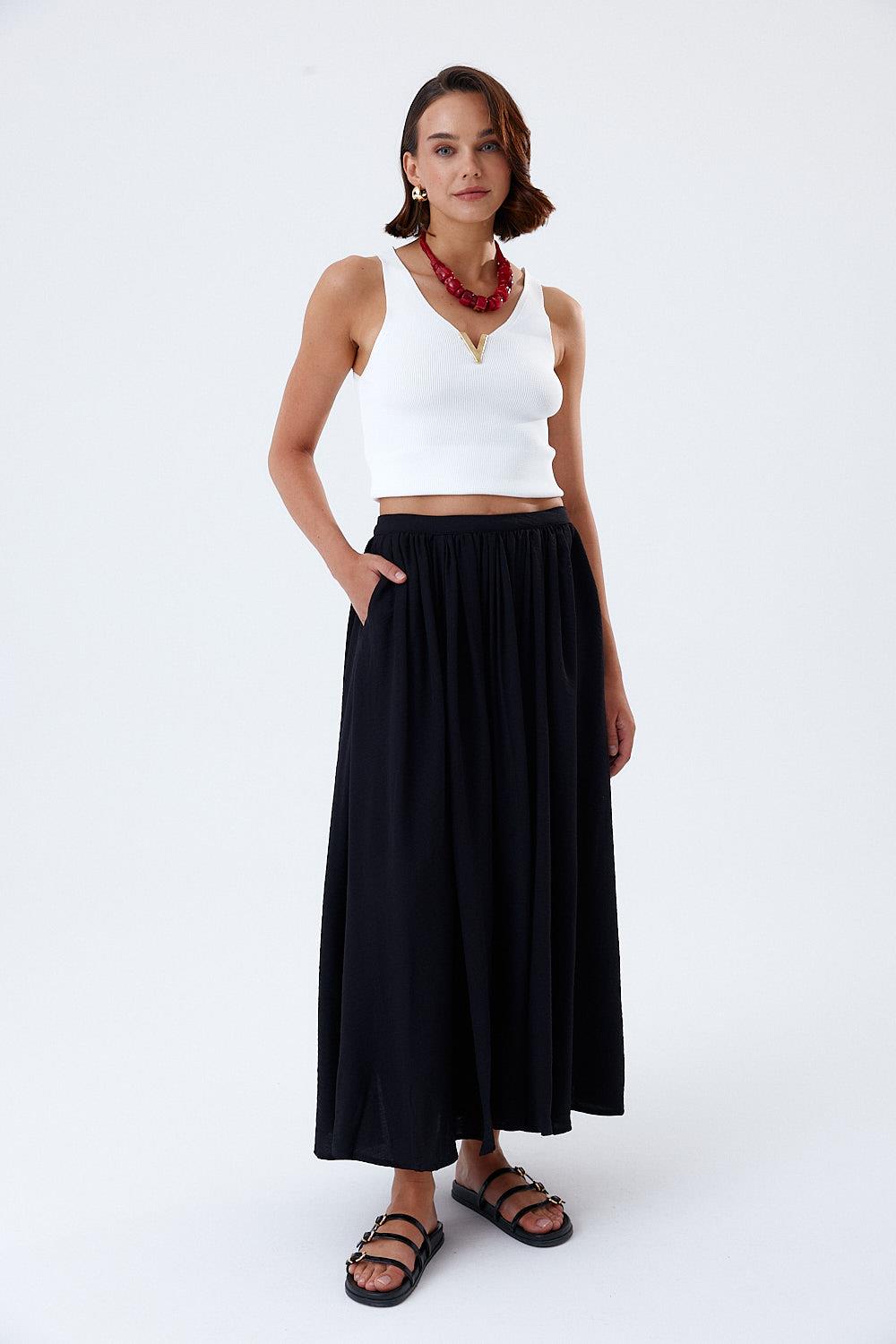 Midi Black Skirt with Pleated Detail