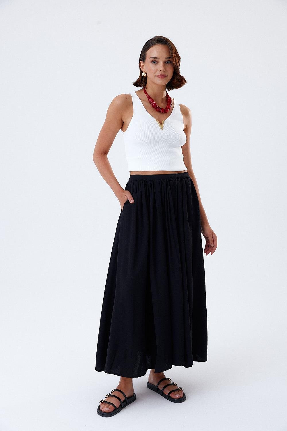 Midi Black Skirt with Pleated Detail