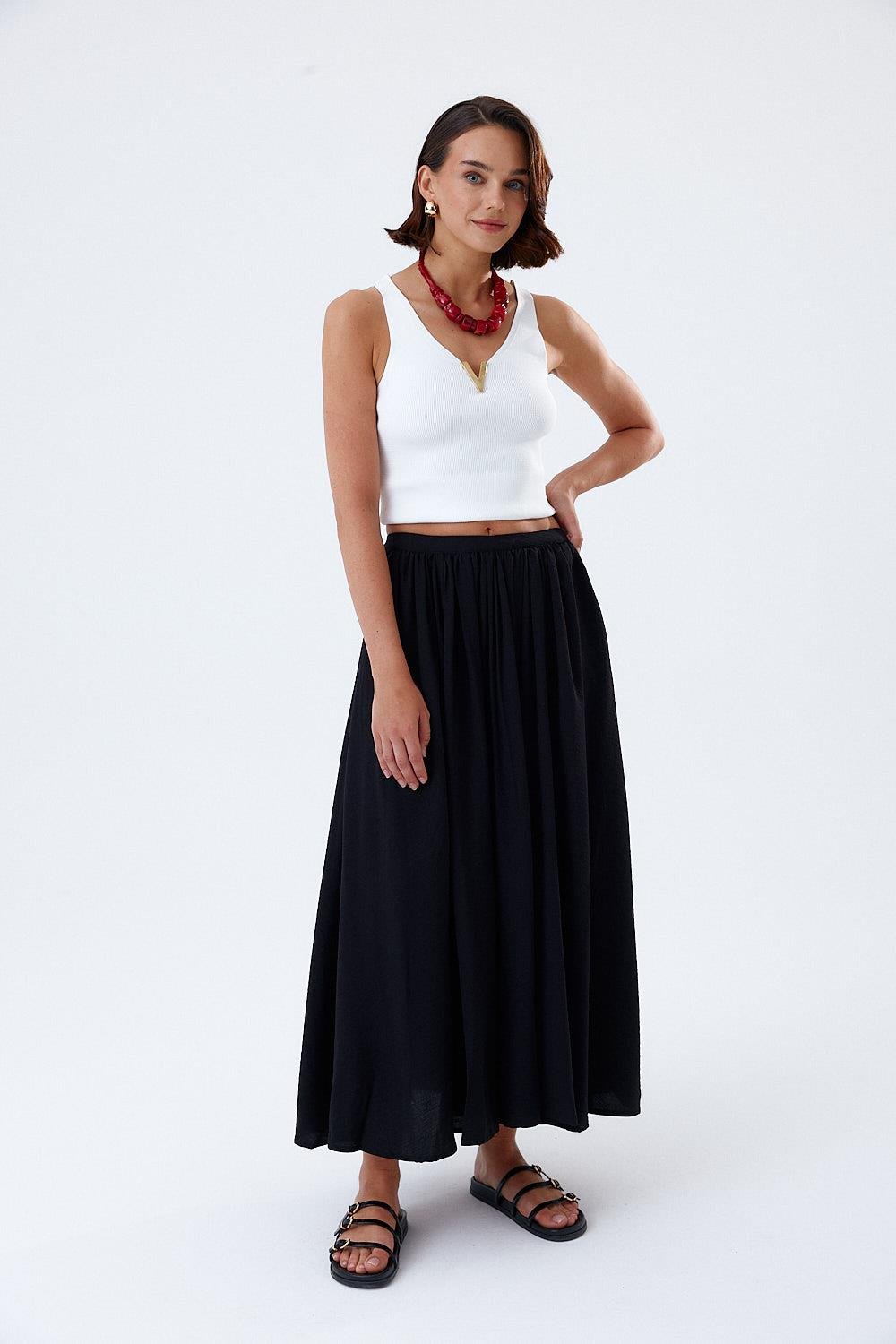 Midi Black Skirt with Pleated Detail