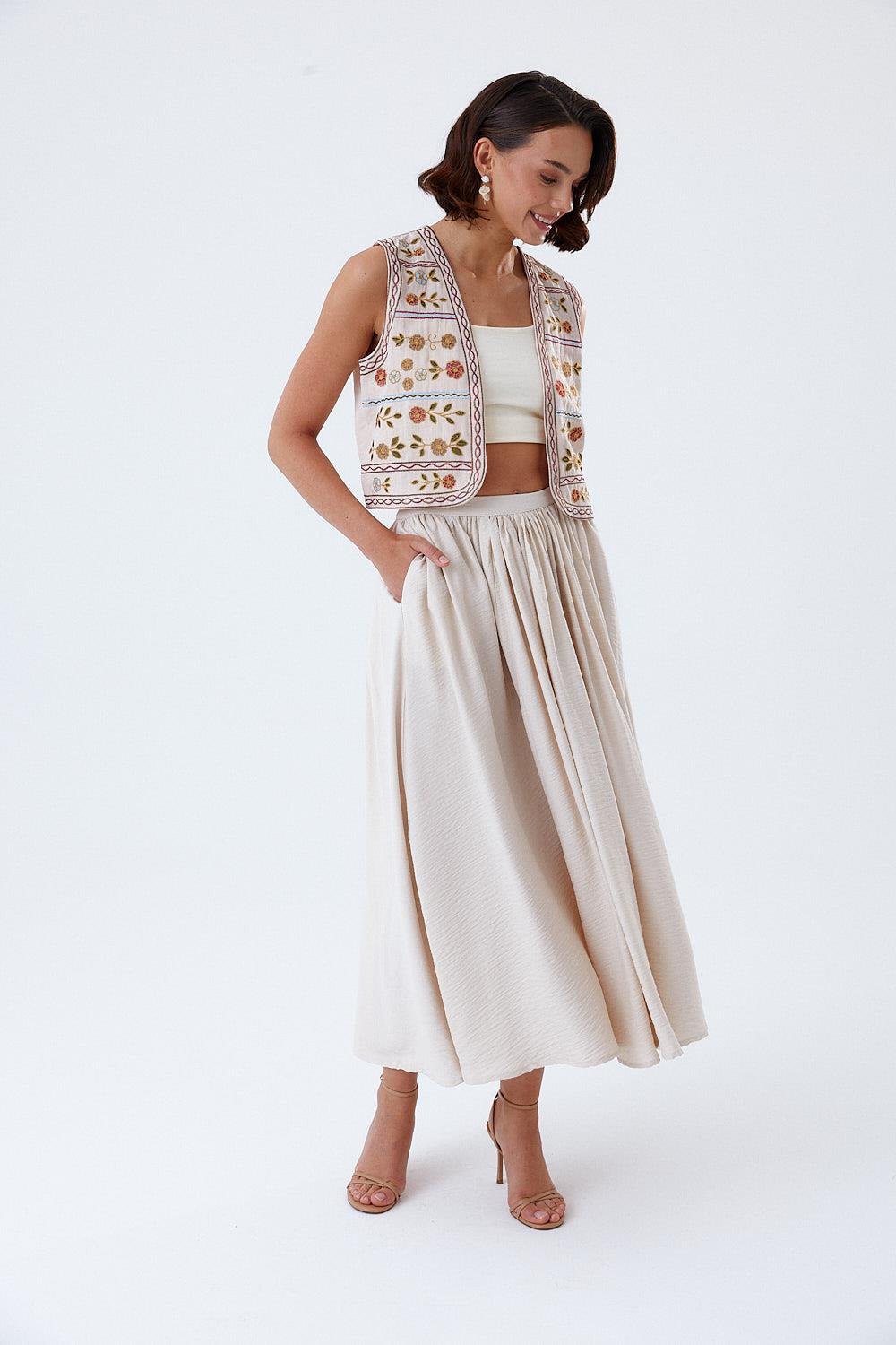 Pleat Detailed Stone Midi Skirt