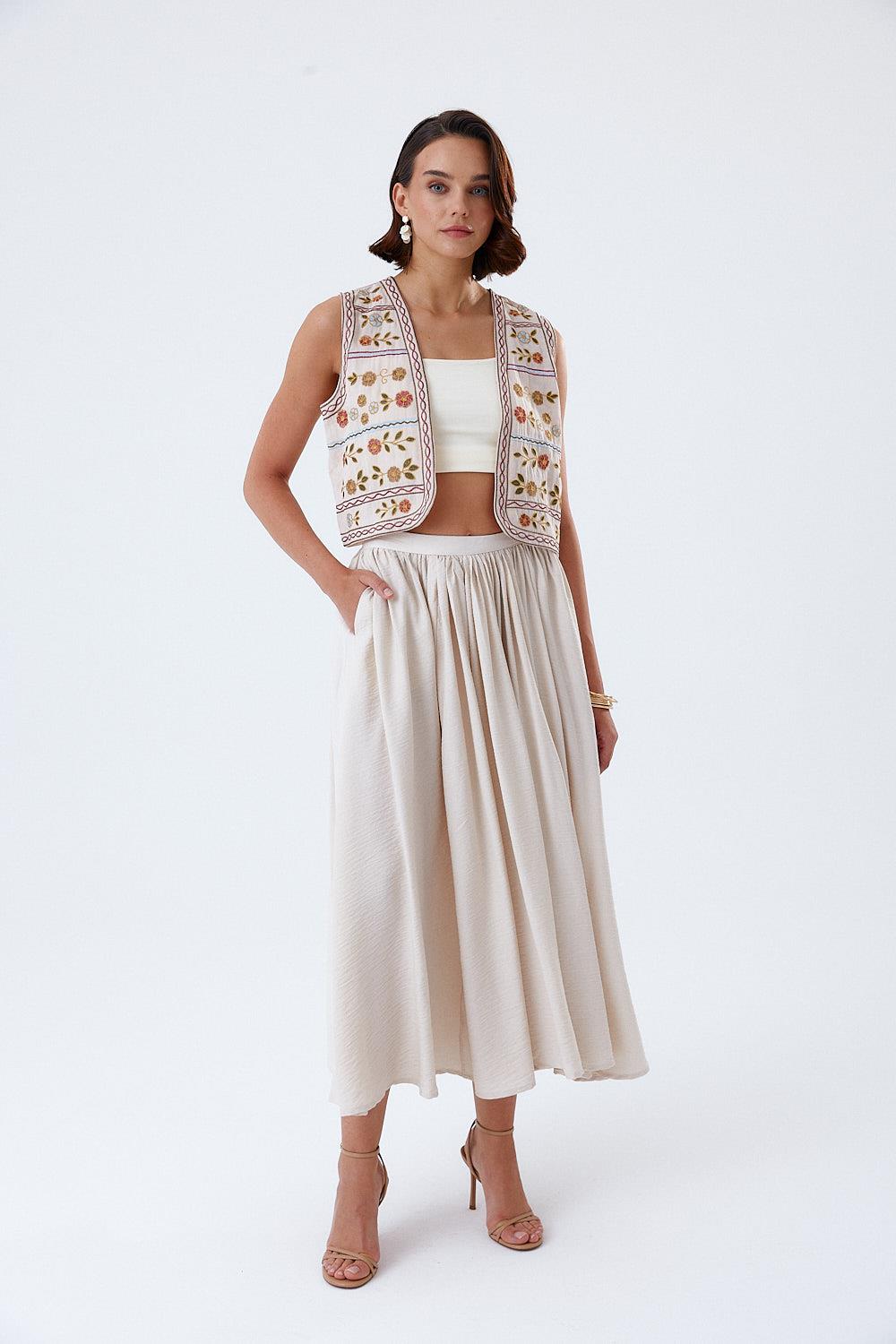 Pleat Detailed Stone Midi Skirt