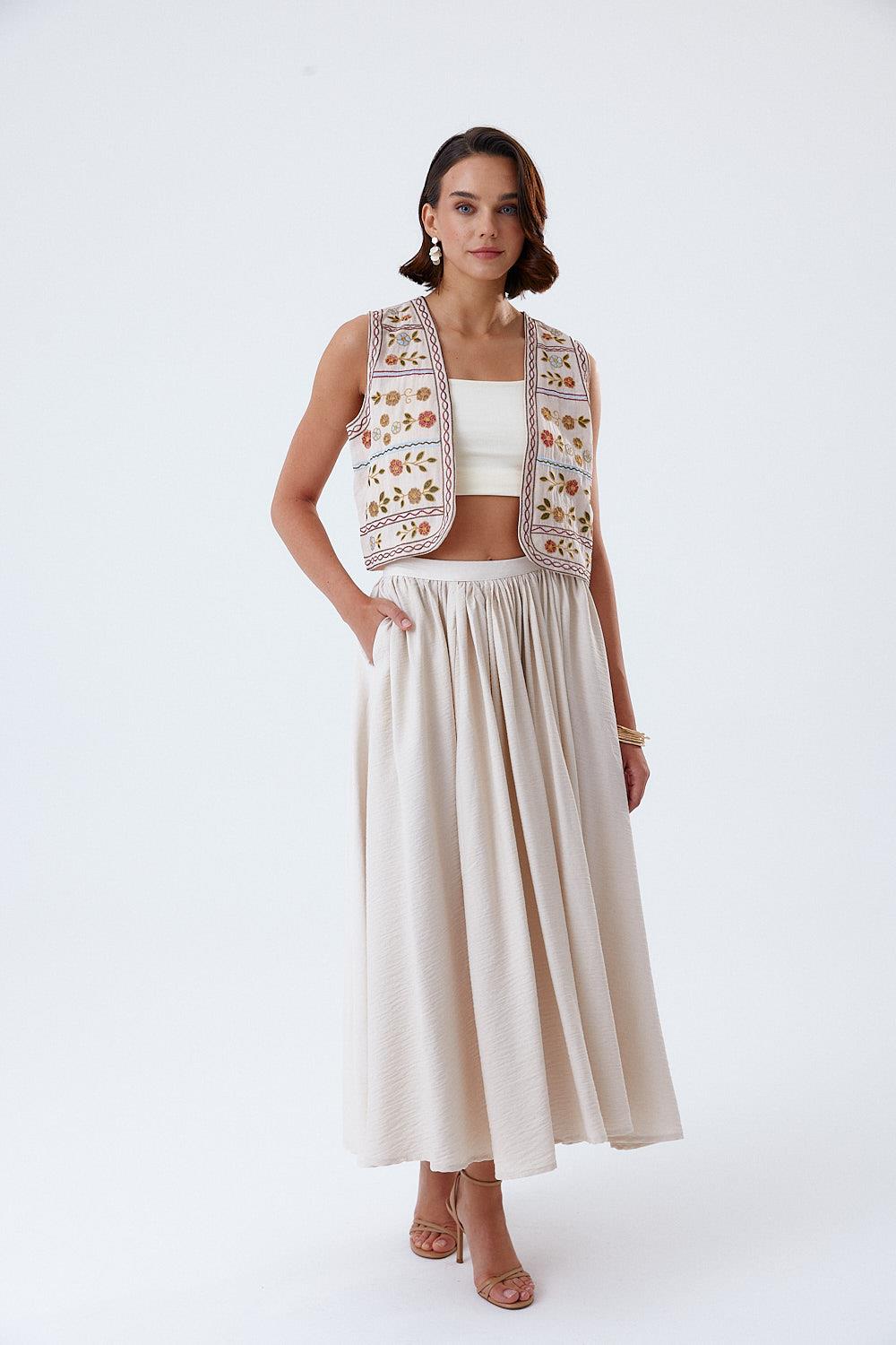 Pleat Detailed Stone Midi Skirt