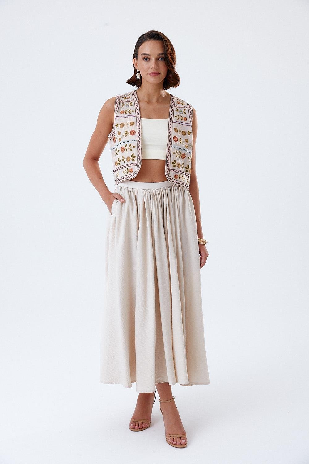 Pleat Detailed Stone Midi Skirt