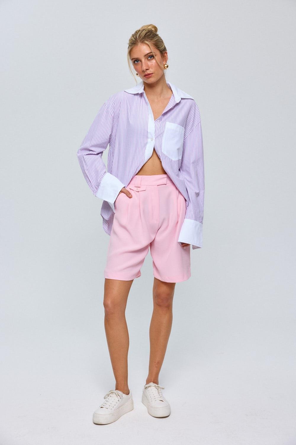 Pleated Bermuda Pink Shorts for Women