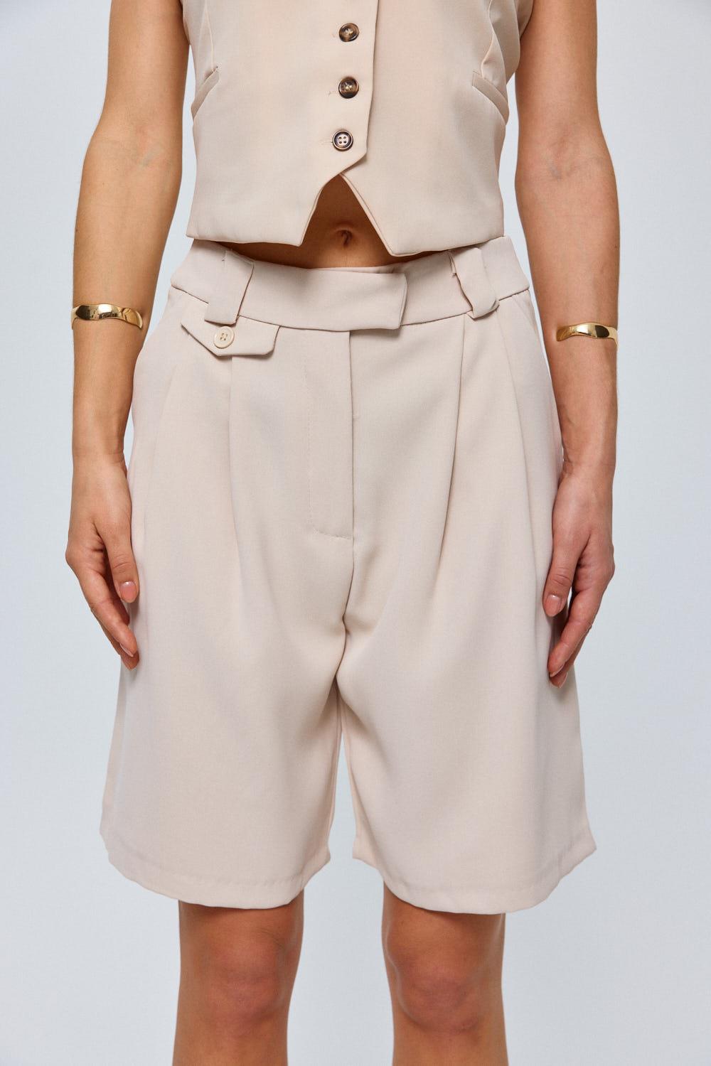 Pleated Detailed Beige Bermuda Shorts for Women