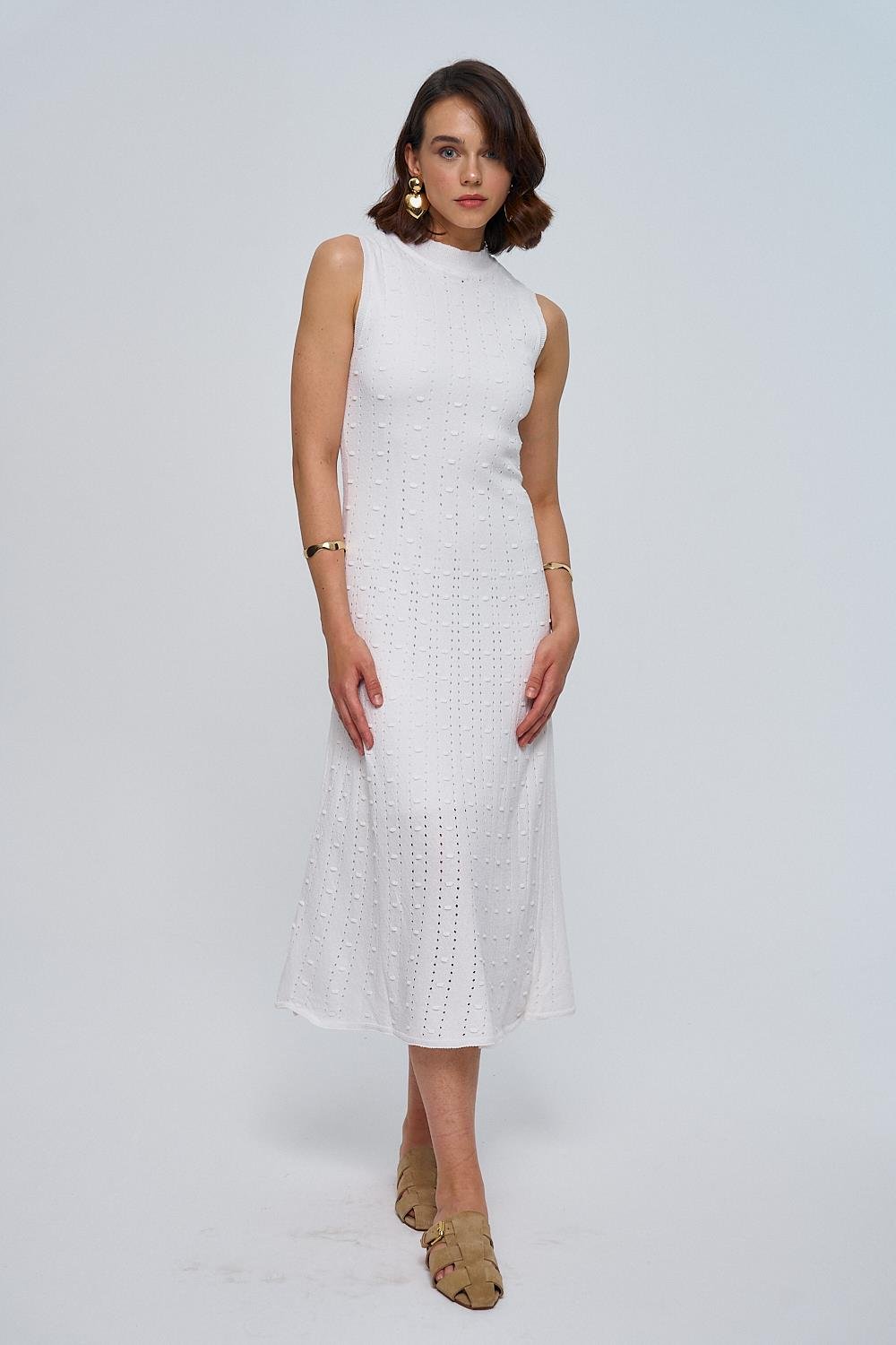 Sleeveless White Midi Knitwear Dress