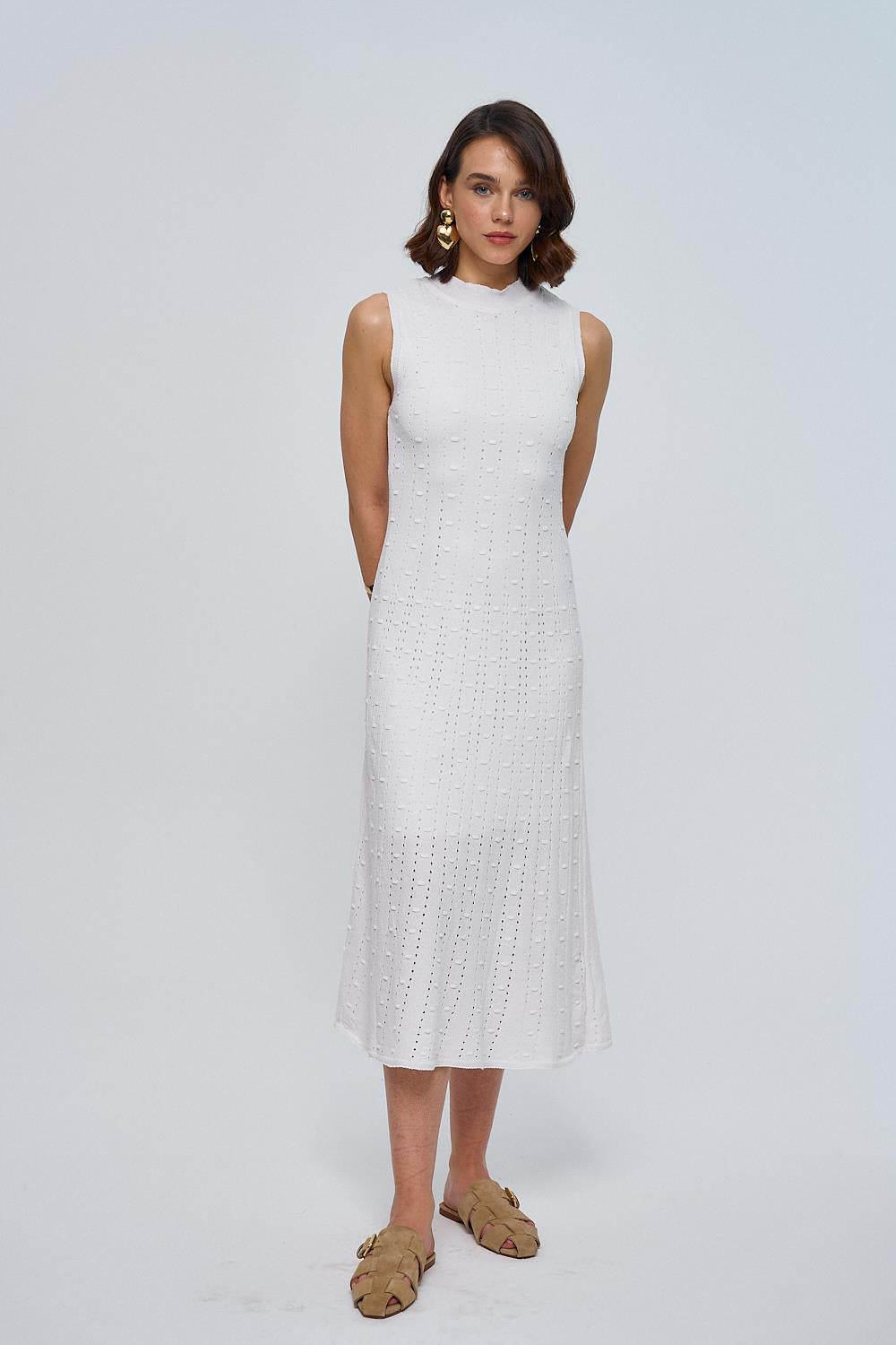 Sleeveless White Midi Knitwear Dress