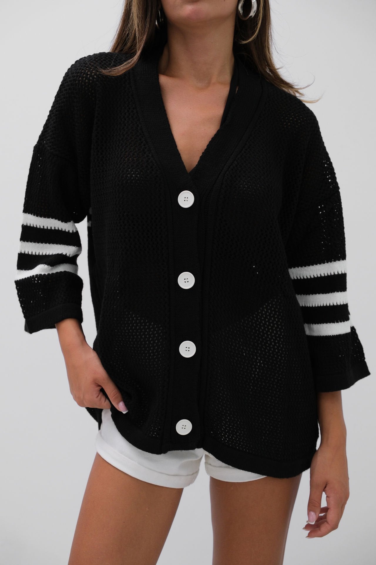 Button-Front Black Cardigan for Women