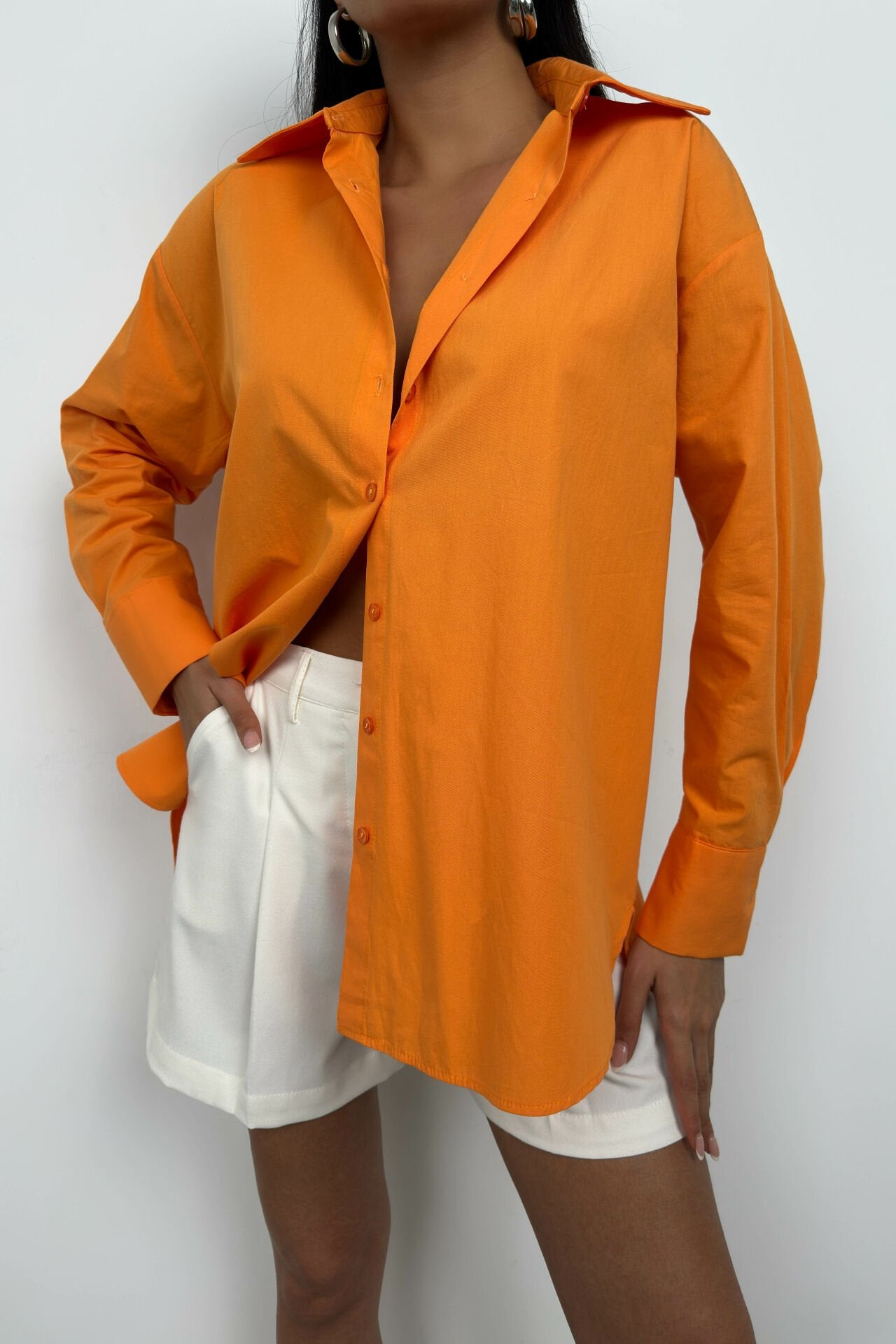 Lace-Up Detailed Orange Shirt for Women