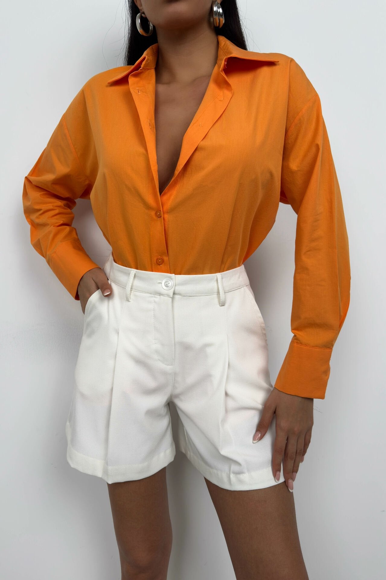 Lace-Up Detailed Orange Shirt for Women