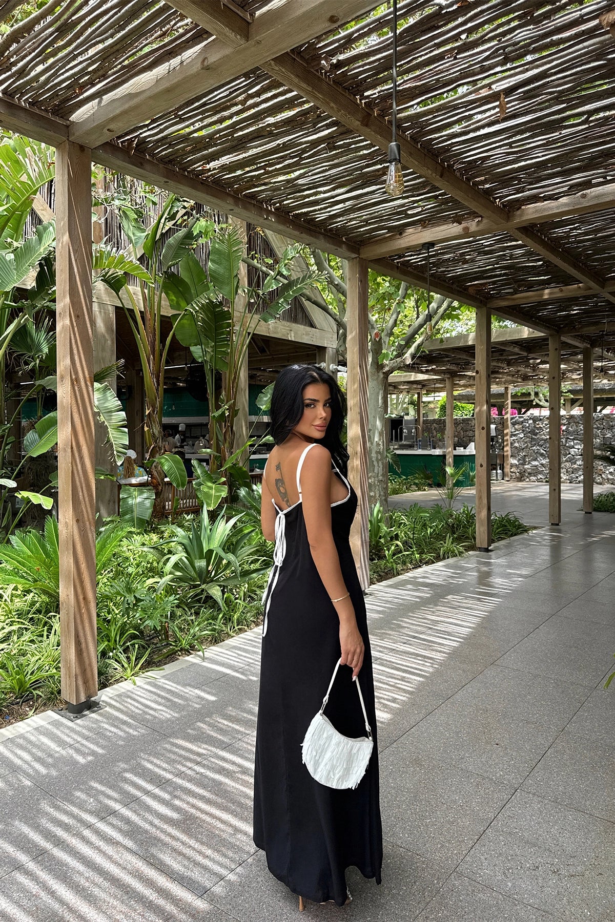 Sleeveless Black Maxi Dress with Tie-Back Detail