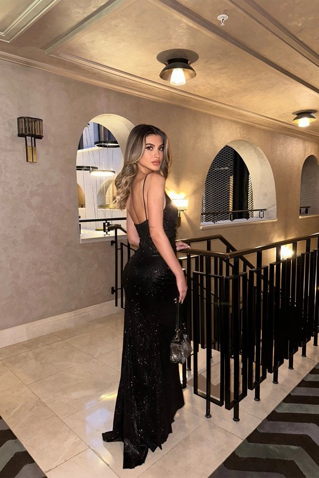 Backless Black Maxi Glitter Dress