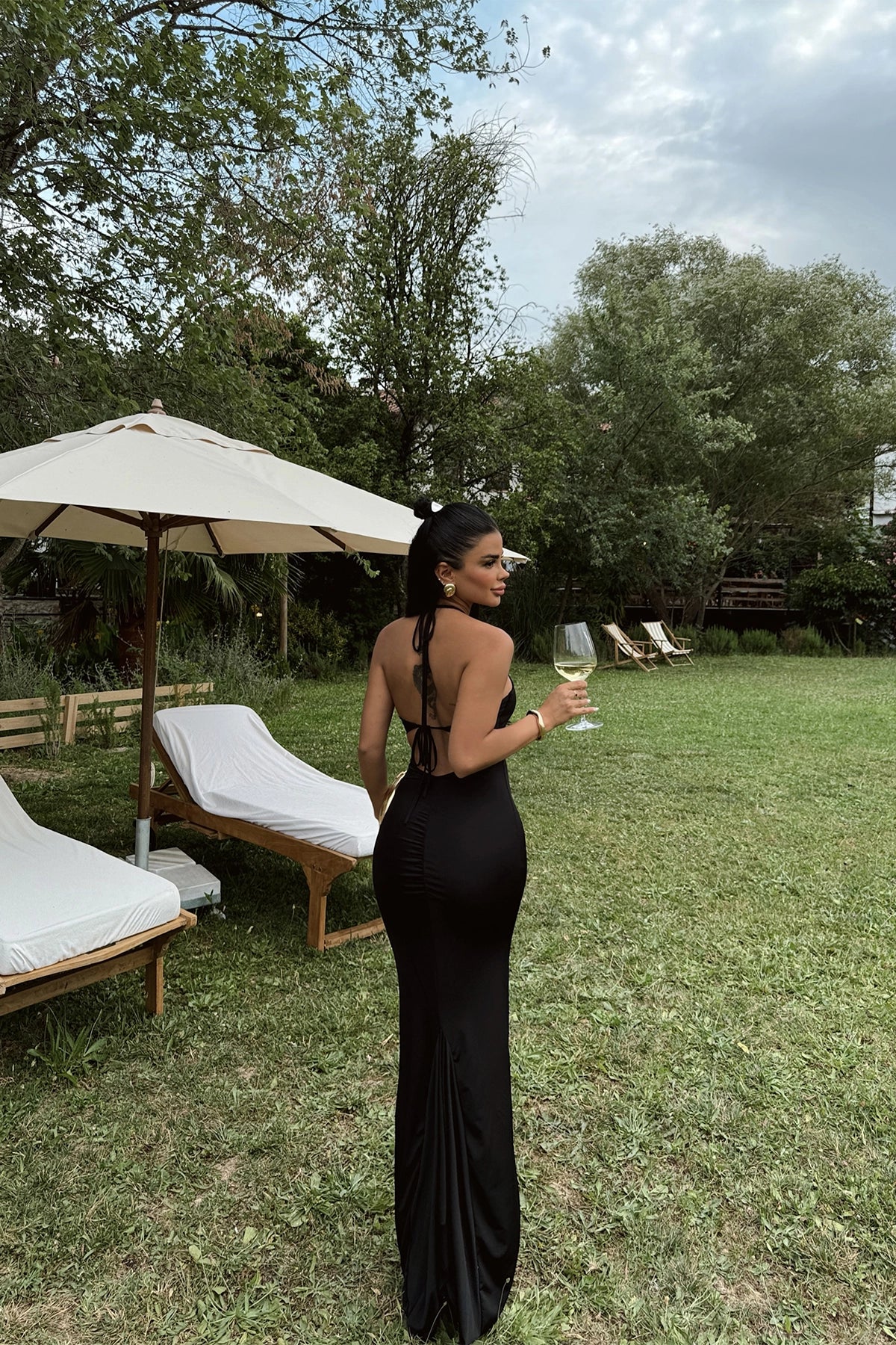 Strappy V-Shaped Black Maxi Dress with Back-Tie Detail