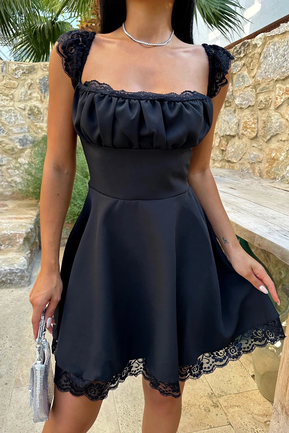 Tied Black Mini Dress with Lace Detail