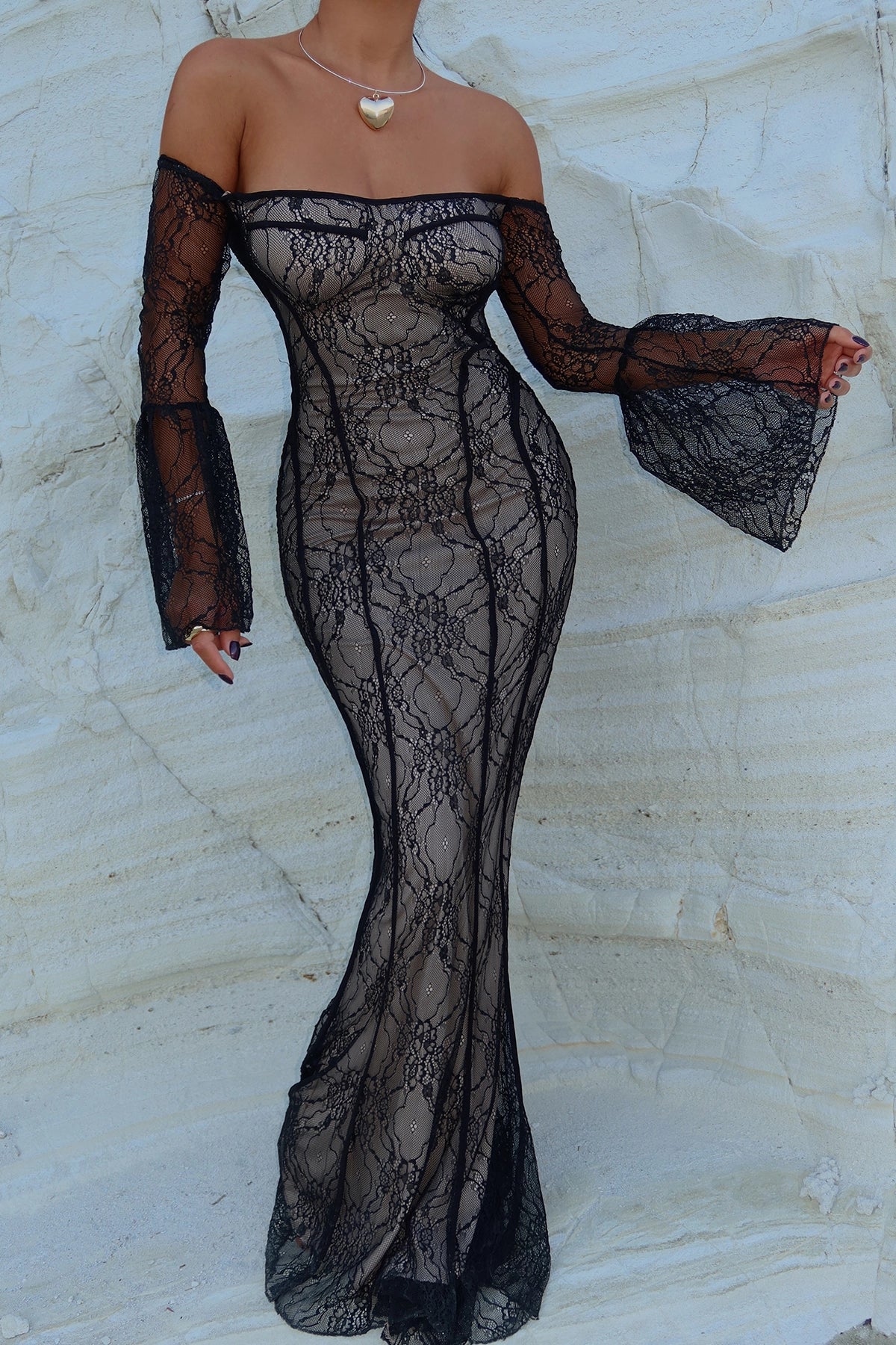 Lace Black Maxi Dress with Bell Sleeves