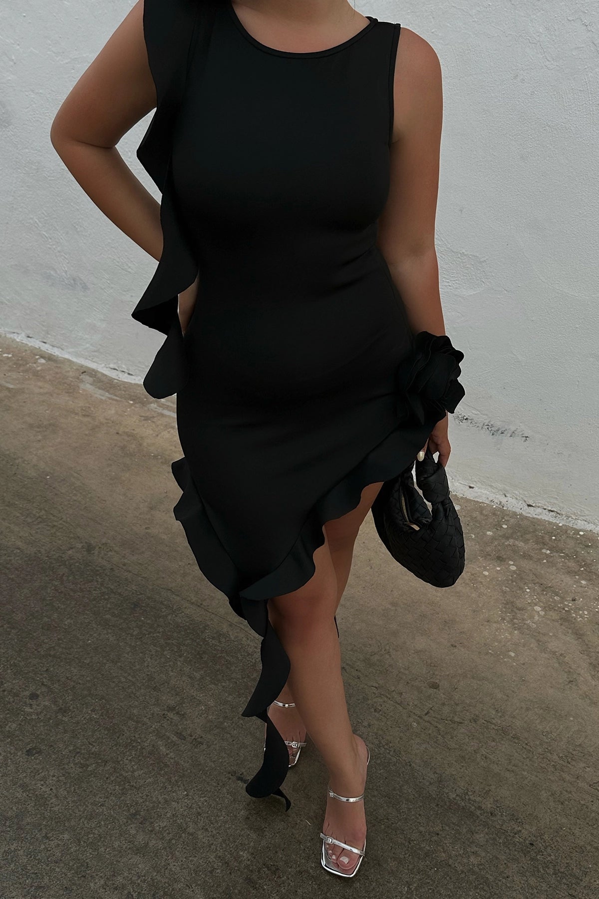 Deep Black Mini Dress with Slit Ruffle Detail