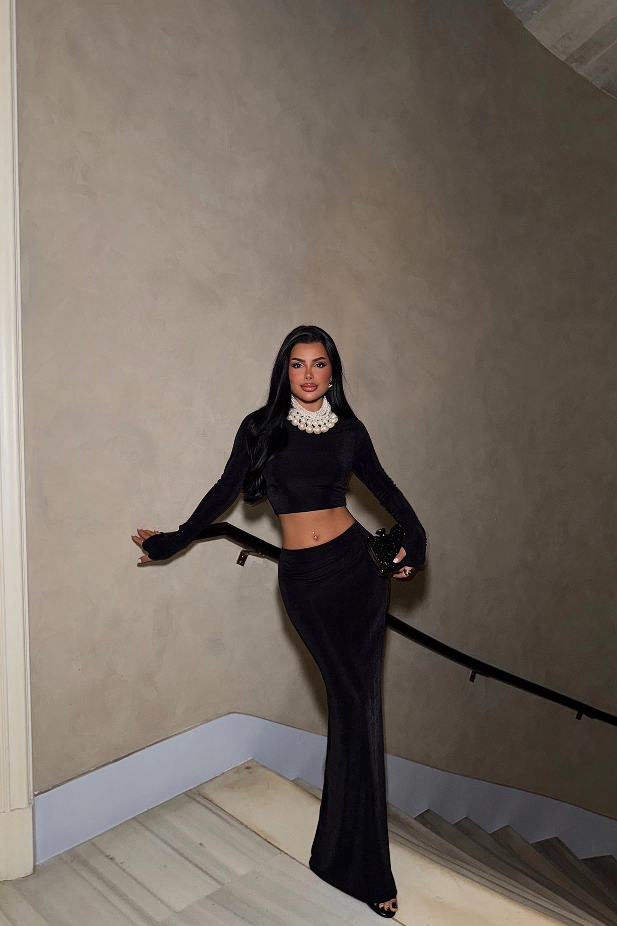 Basic Long Sleeve Black Maxi Skirt Set