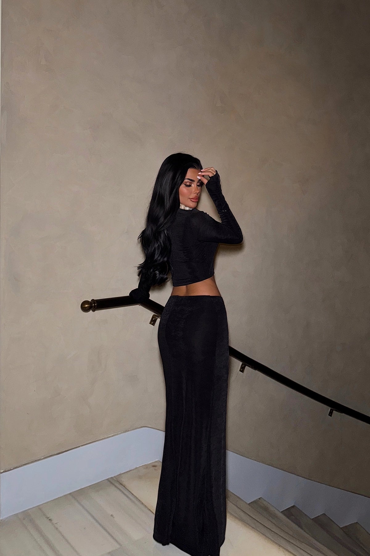 Basic Long Sleeve Black Maxi Skirt Set