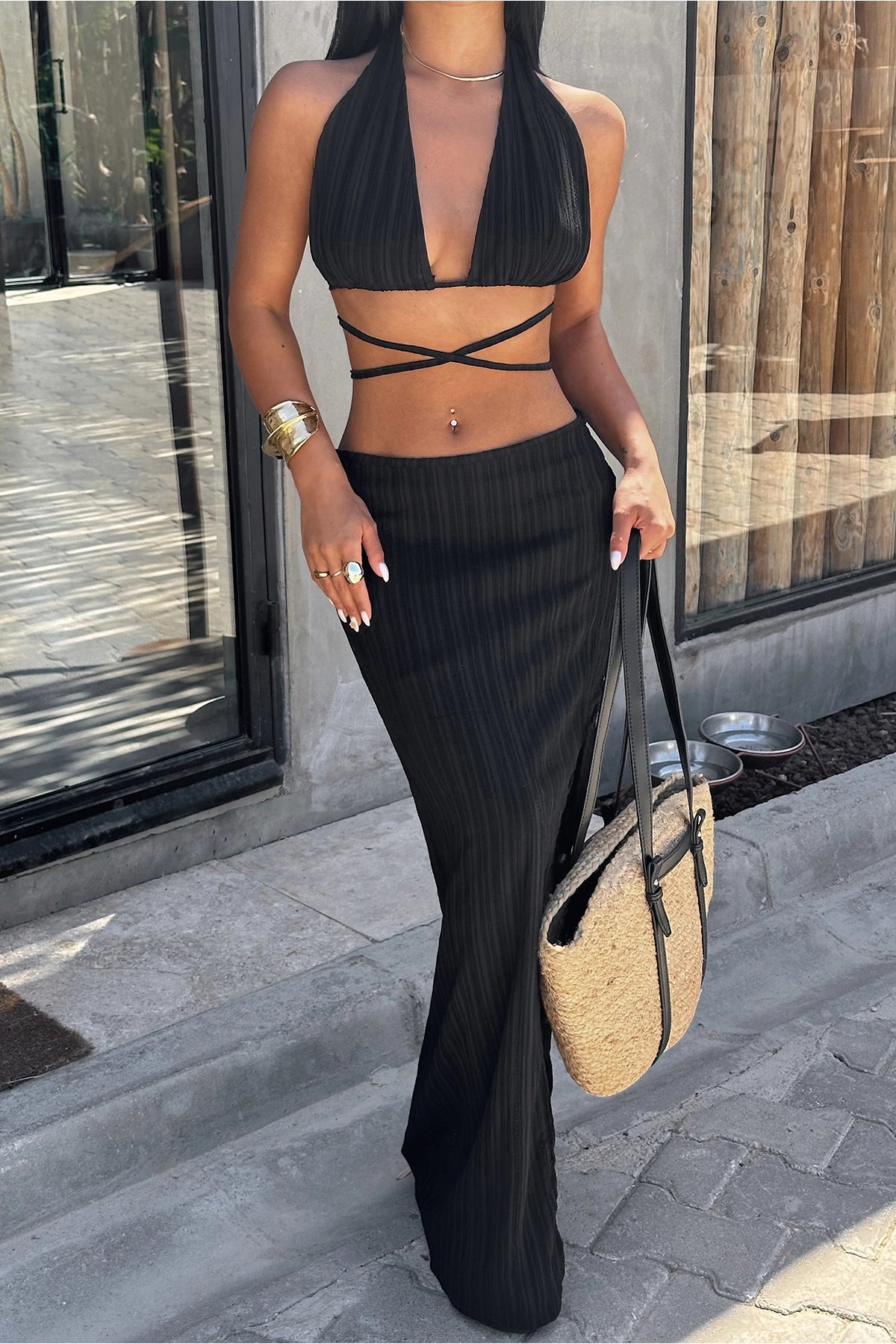 Cut-Out Detailed Black Maxi Skirt Set with Slit Detail