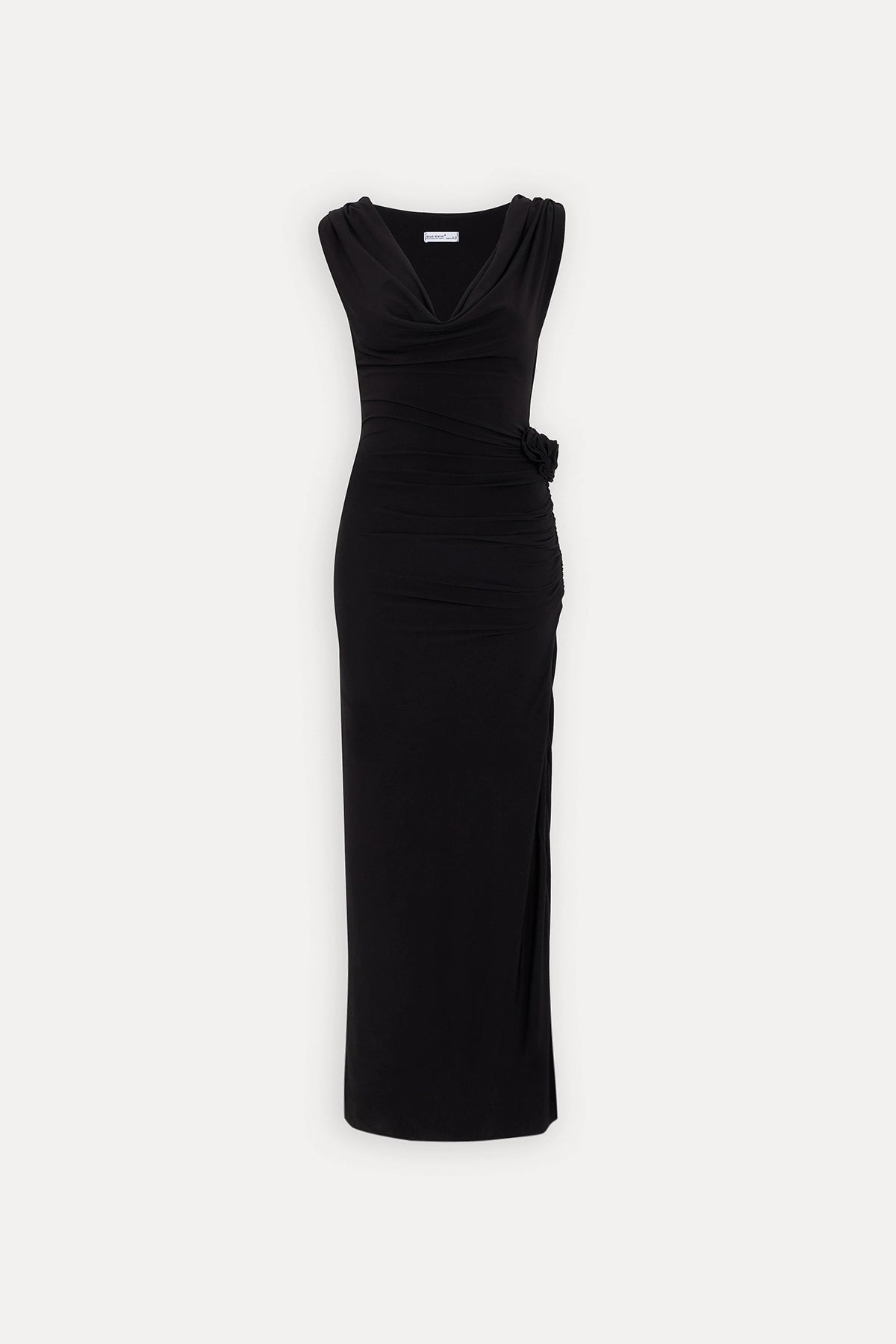 Rose Detailed Black Ruched Maxi Dress with Cowl Neckline