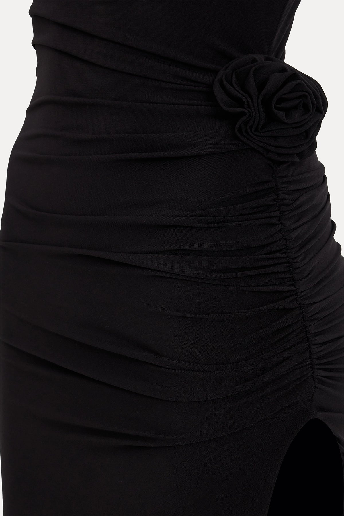 Rose Detailed Black Ruched Maxi Dress with Cowl Neckline