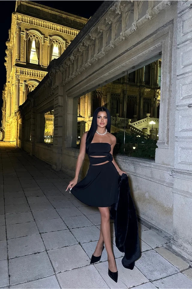 Rose Detailed Black Mini Dress with Off-Shoulder Detail