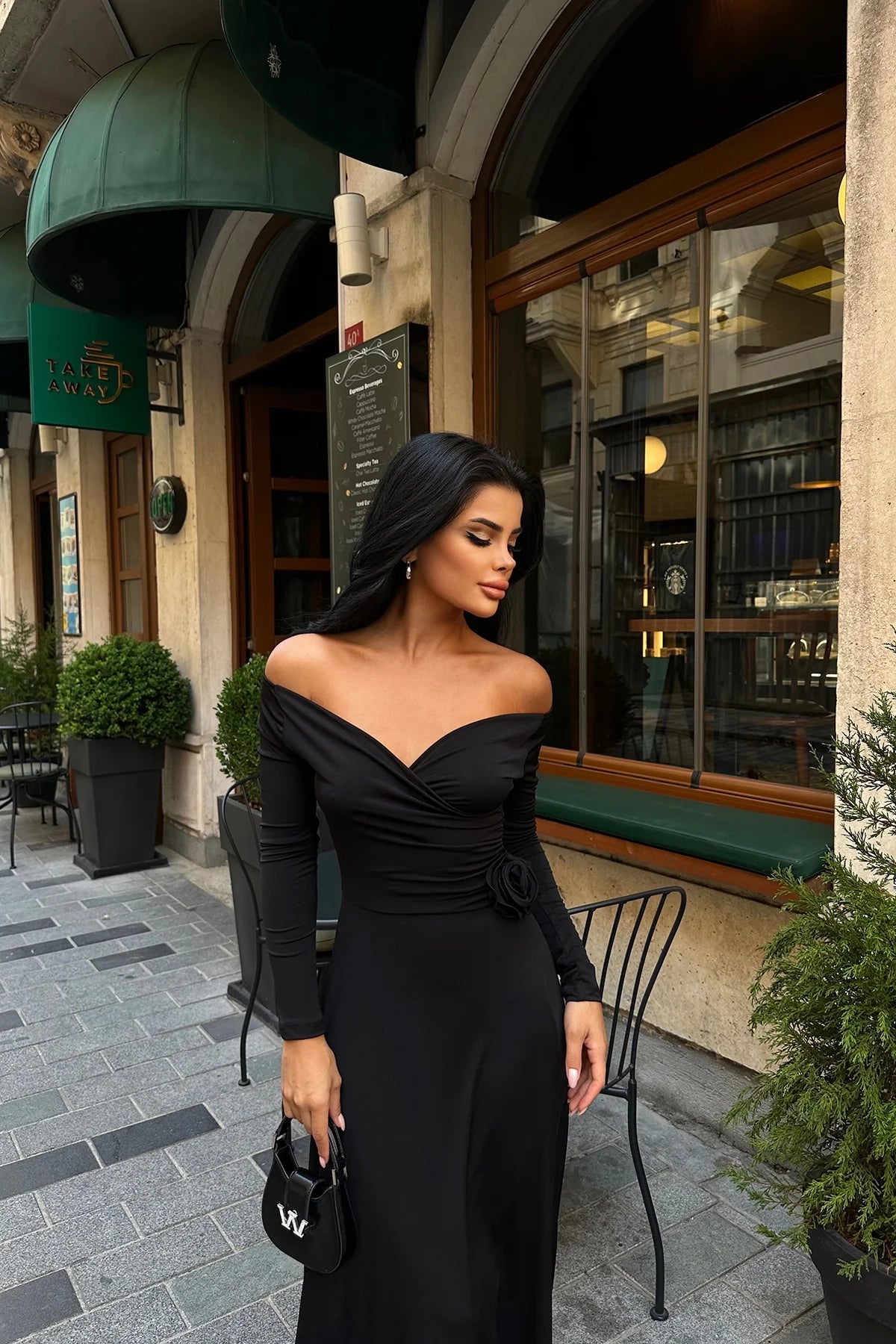 Off-Shoulder Black Maxi Dress with Rose Detail