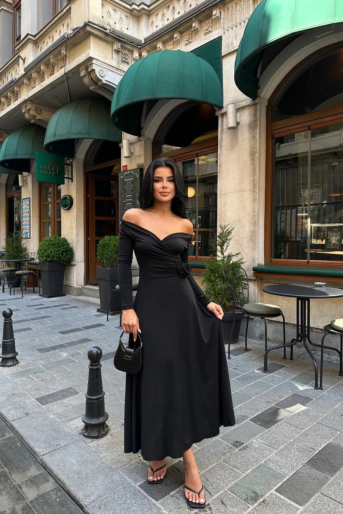 Off-Shoulder Black Maxi Dress with Rose Detail