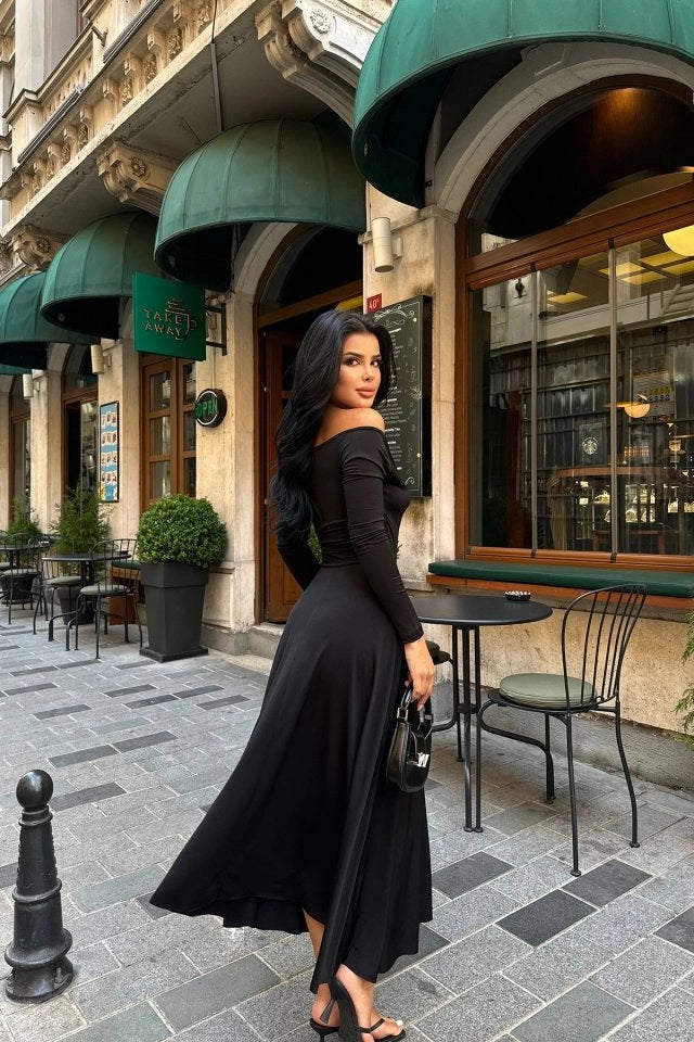 Off-Shoulder Black Maxi Dress with Rose Detail