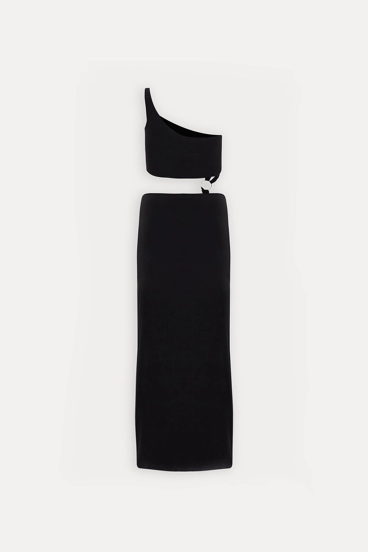 One-Shoulder Black Midi Dress with Ring Detail