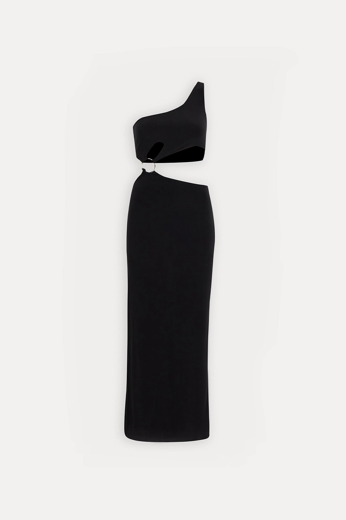 One-Shoulder Black Midi Dress with Ring Detail