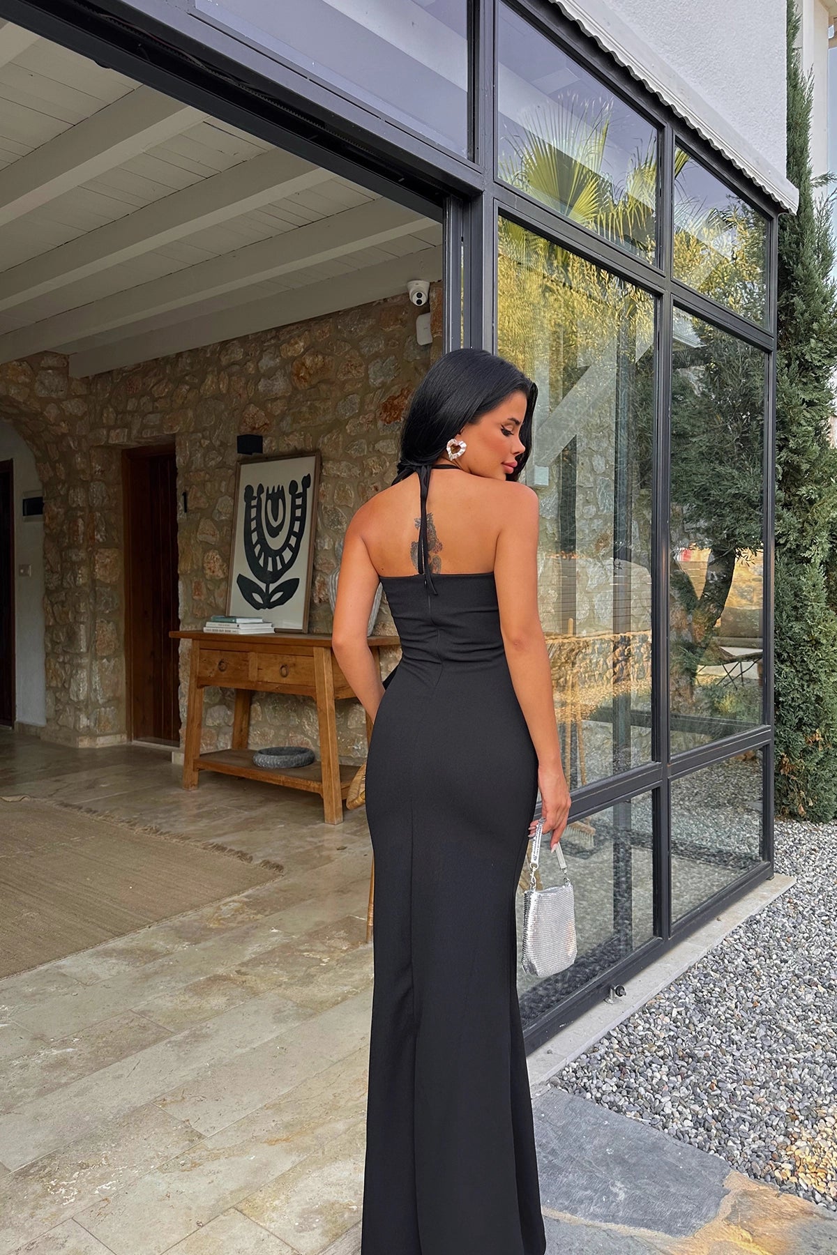 Strappy Black Maxi Dress with Half-Open Back