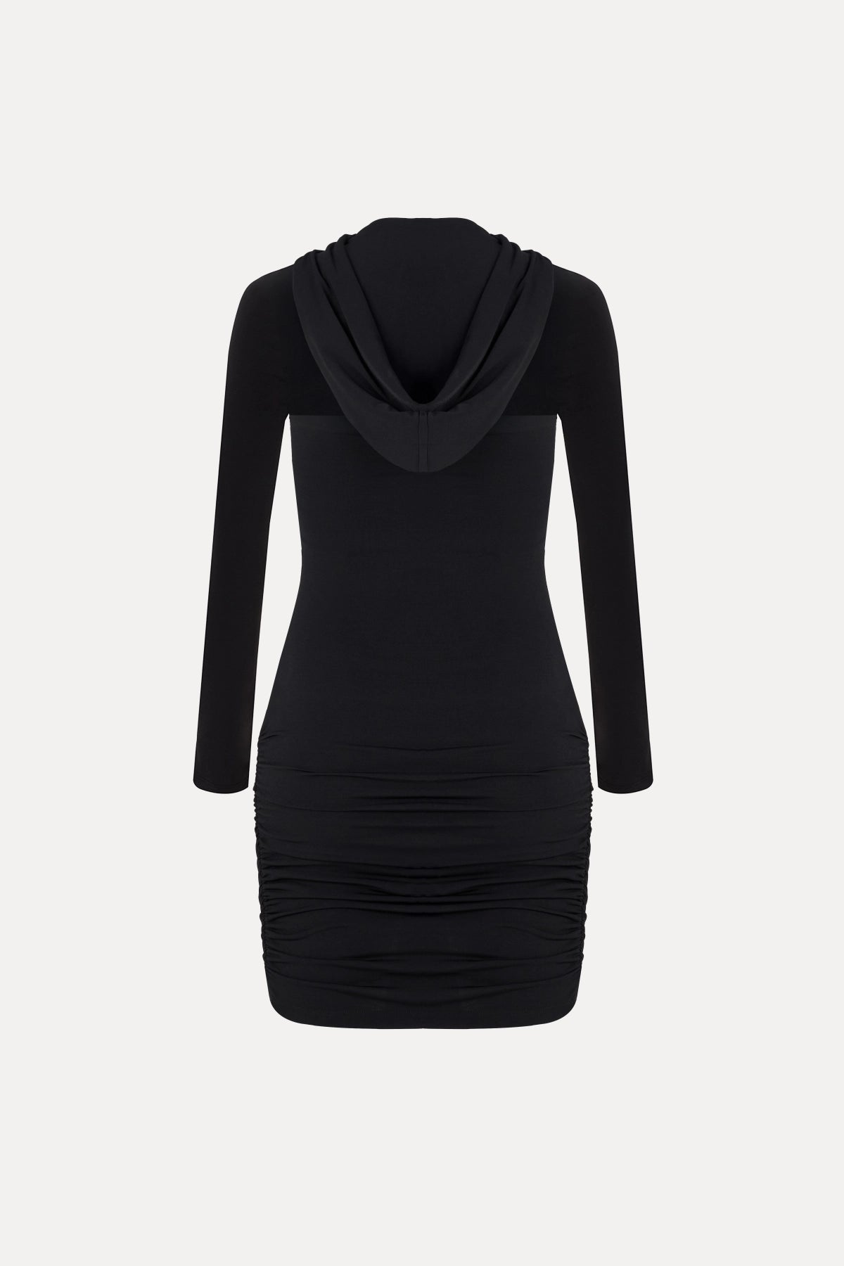 Hooded Mini Dress in Black with Ruched Details