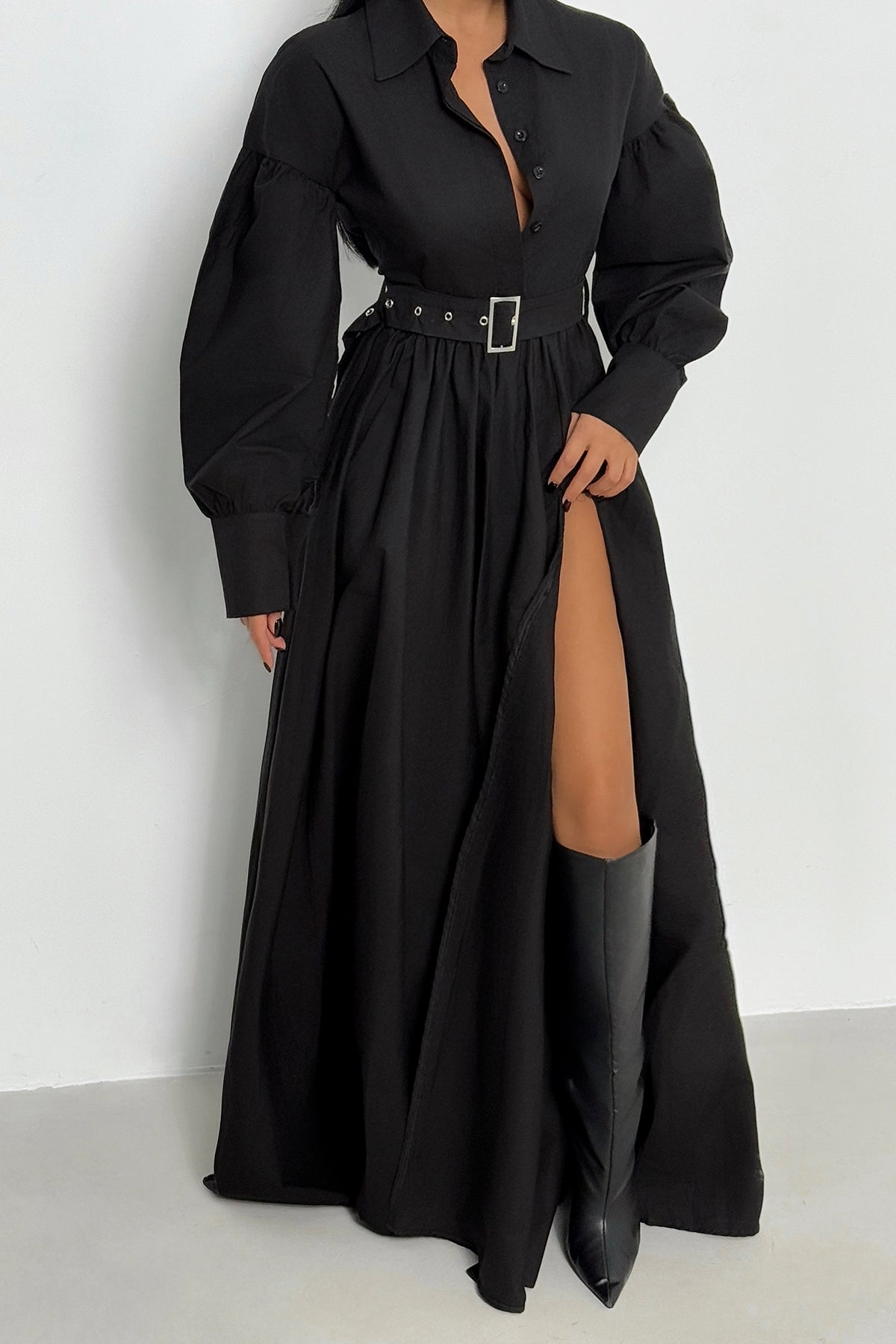 Maxi Dress in Black with Belt Detail