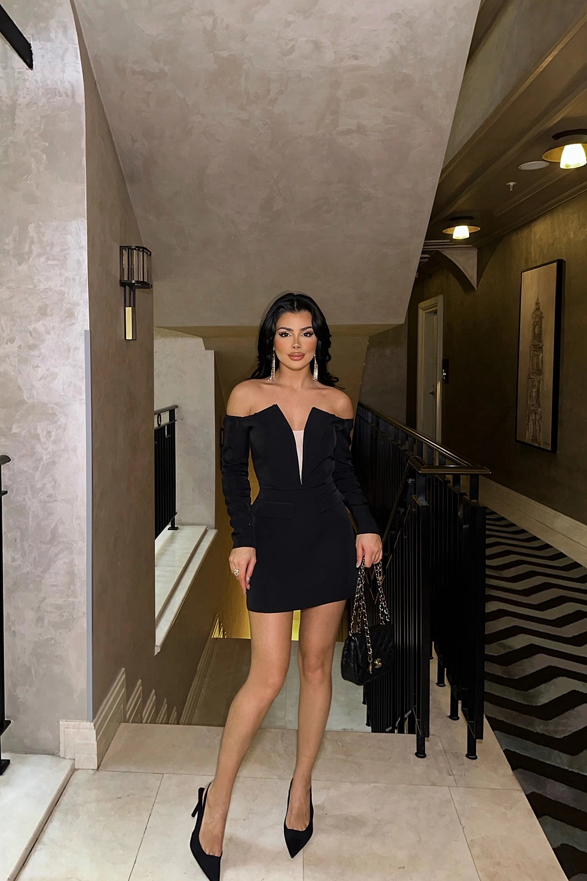 Long Sleeve Black Lorel Off-Shoulder Mini Dress