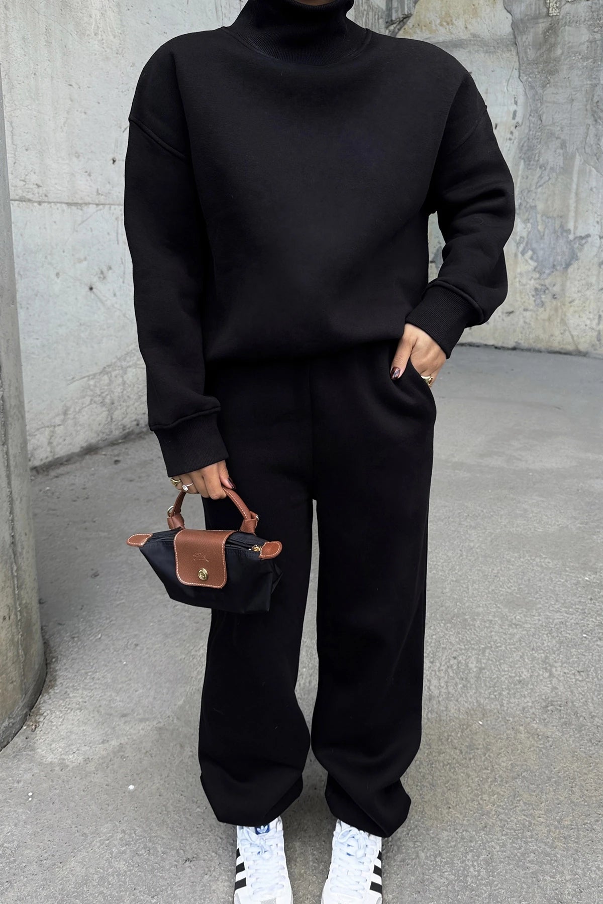 Turtleneck Black Pearly Trouser Suit with Relaxed Pants