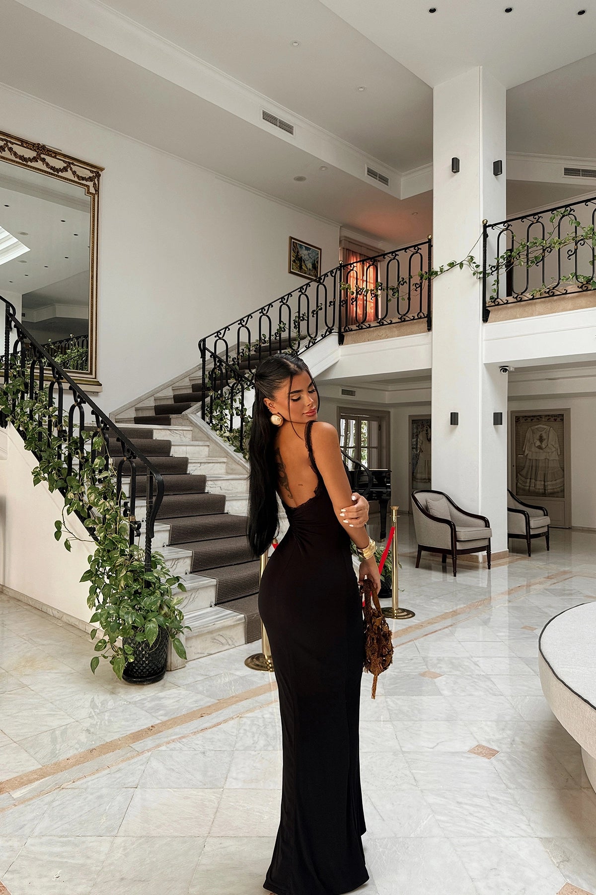 Backless Window Detailed Black Maxi Dress