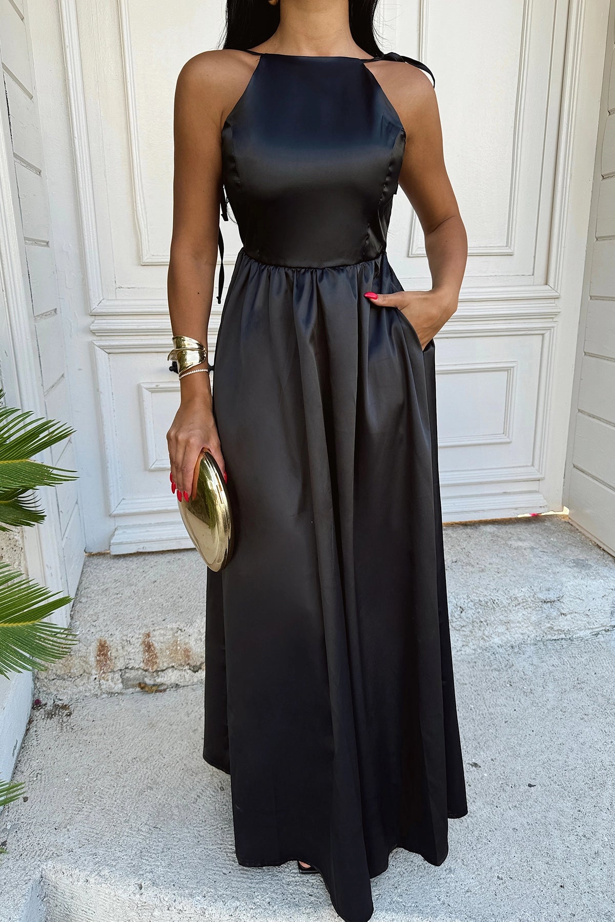 Maxi Satin Black Backless Dress