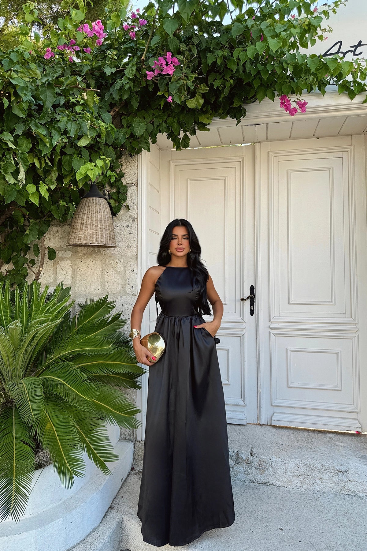 Maxi Satin Black Backless Dress